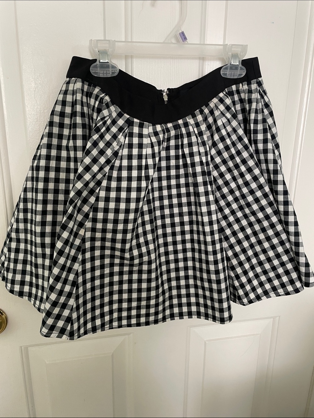 Black and White Gingham A-Line Skater Skirt with Black Waistband